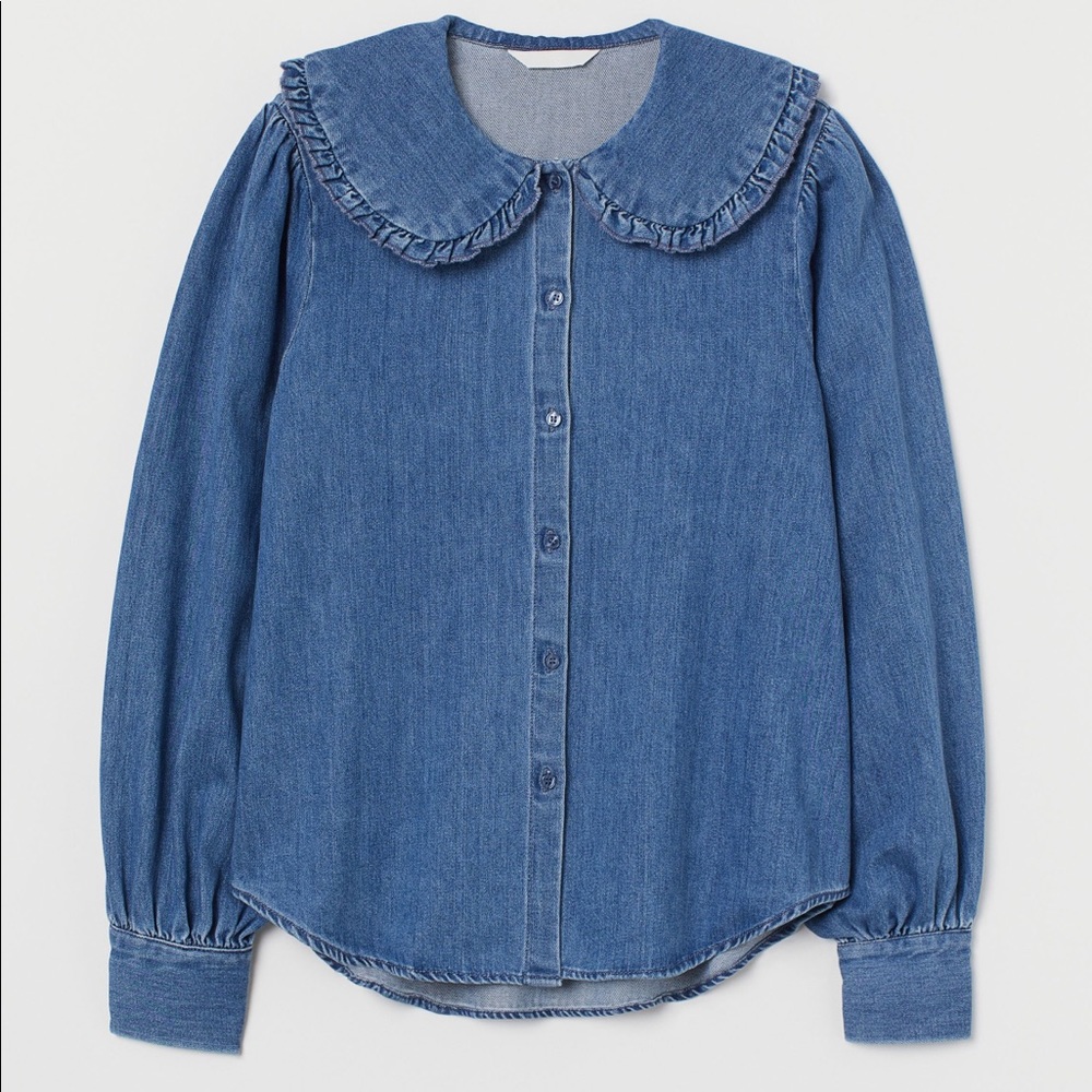 H&M Denim Ruffle Statement Bib Collar Poet Shirt Large NWT